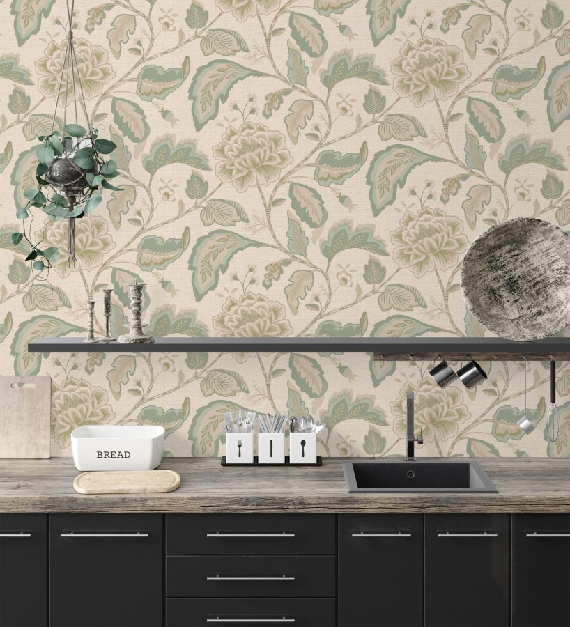 Papel pintado de flores peonía grandes color verde claro y fondo beige  Denise Blossom 682823