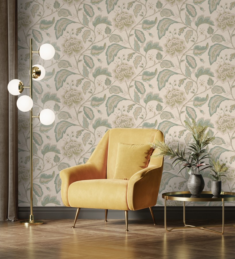 Papel pintado de flores peonía grandes color verde claro y fondo beige  Denise Blossom 682823