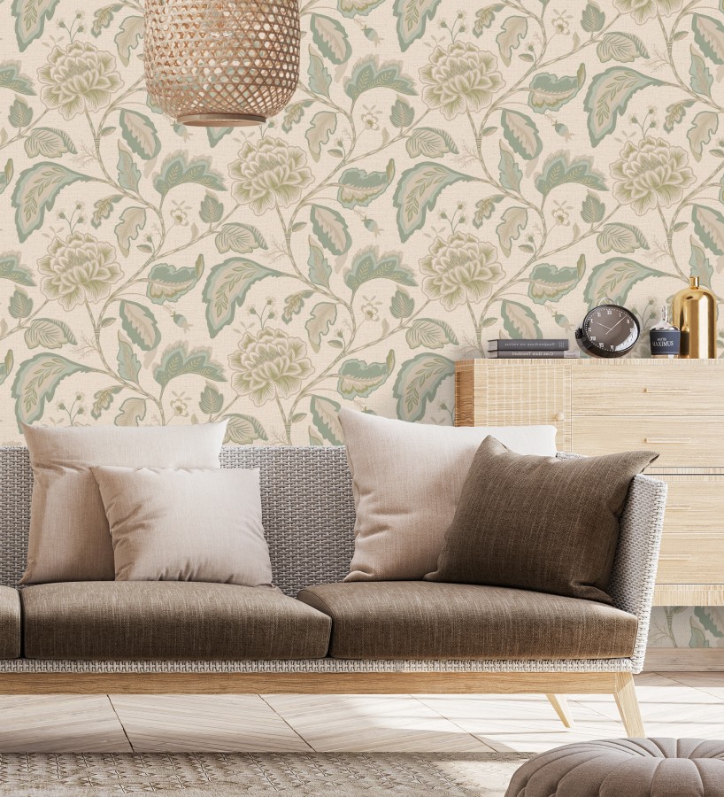 Papel pintado de flores peonía grandes color verde claro y fondo beige  Denise Blossom 682823