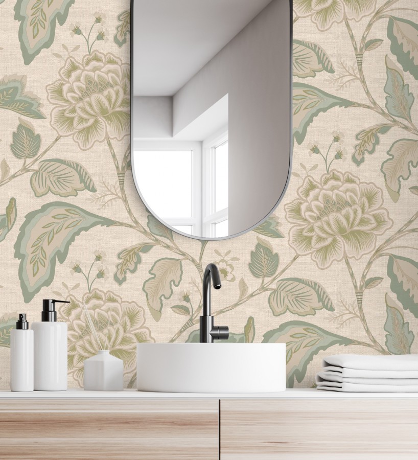 Papel pintado de flores peonía grandes color verde claro y fondo beige  Denise Blossom 682823