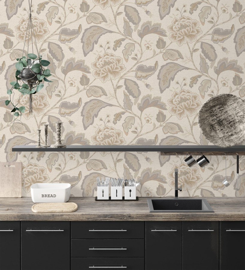 Papel pintado de flores peonía grandes color beige oscuro y fondo beige  Denise Blossom 682824