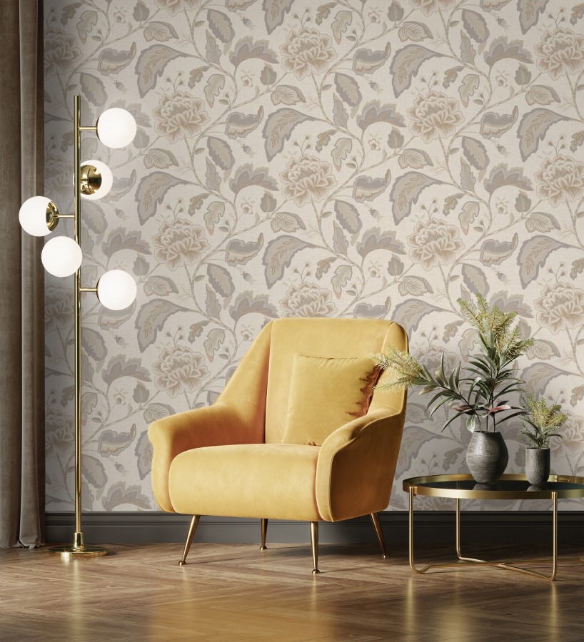 Papel pintado de flores peonía grandes color beige oscuro y fondo beige  Denise Blossom 682824