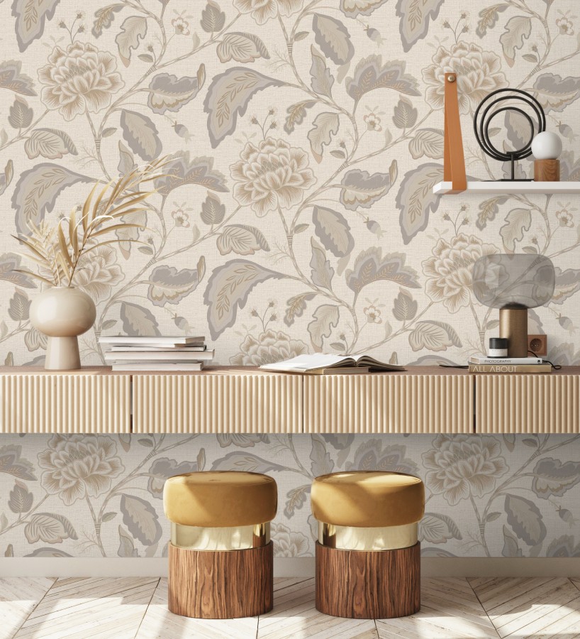 Papel pintado de flores peonía grandes color beige oscuro y fondo beige  Denise Blossom 682824