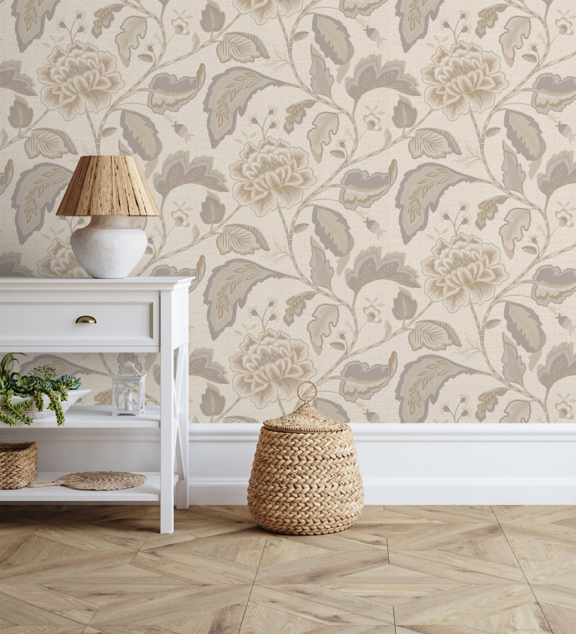 Papel pintado de flores peonía grandes color beige oscuro y fondo beige  Denise Blossom 682824