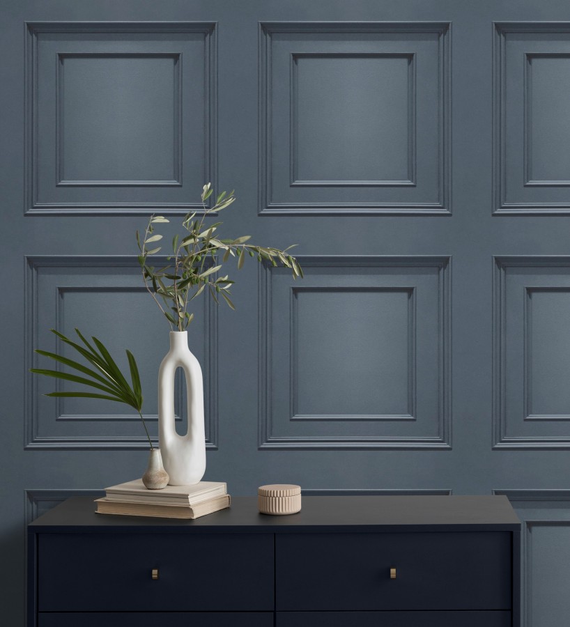 Papel pintado casetones de madera color azul textura en relieve  Bristol Ledge 682854
