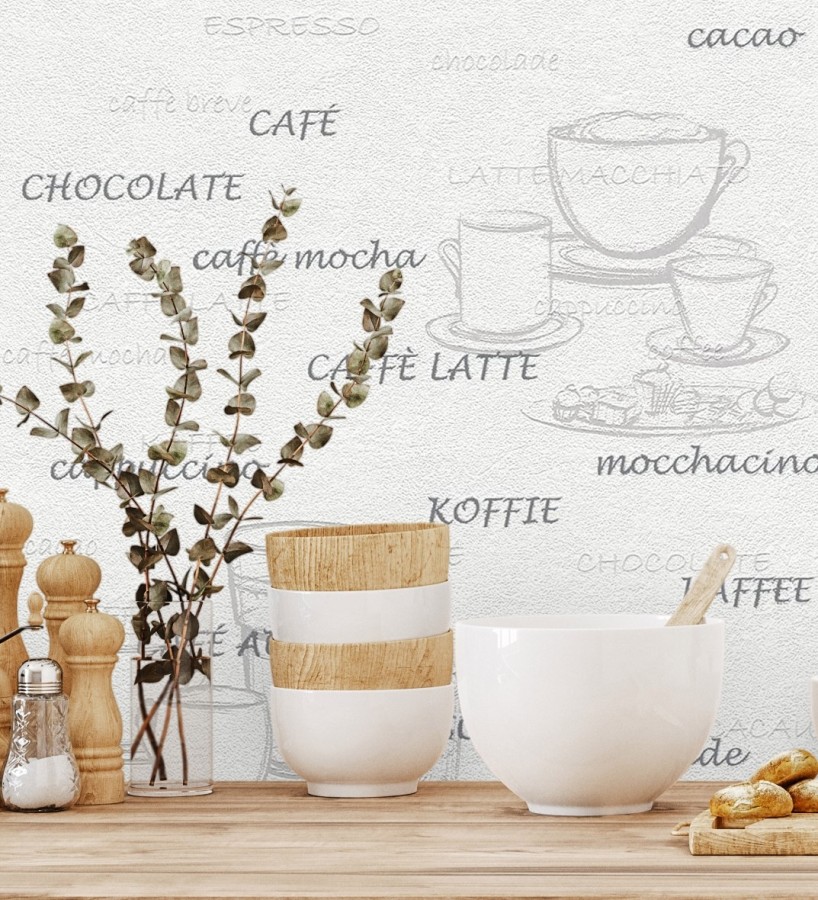 Papel pintado con tazas y tipos de café gris fondo blanco  Italian Coffee 421638