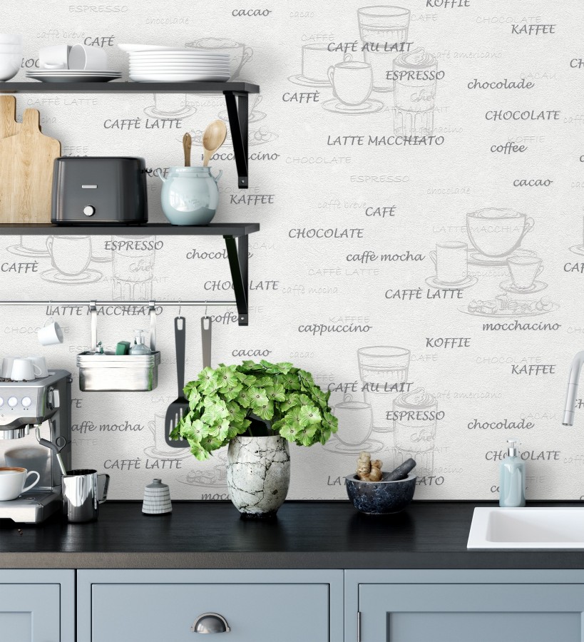 Papel pintado con tazas y tipos de café gris fondo blanco  Italian Coffee 421638