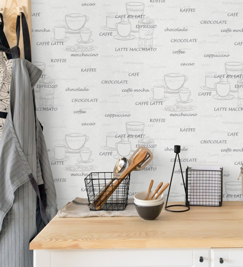 Papel pintado con tazas y tipos de café gris fondo blanco  Italian Coffee 421638
