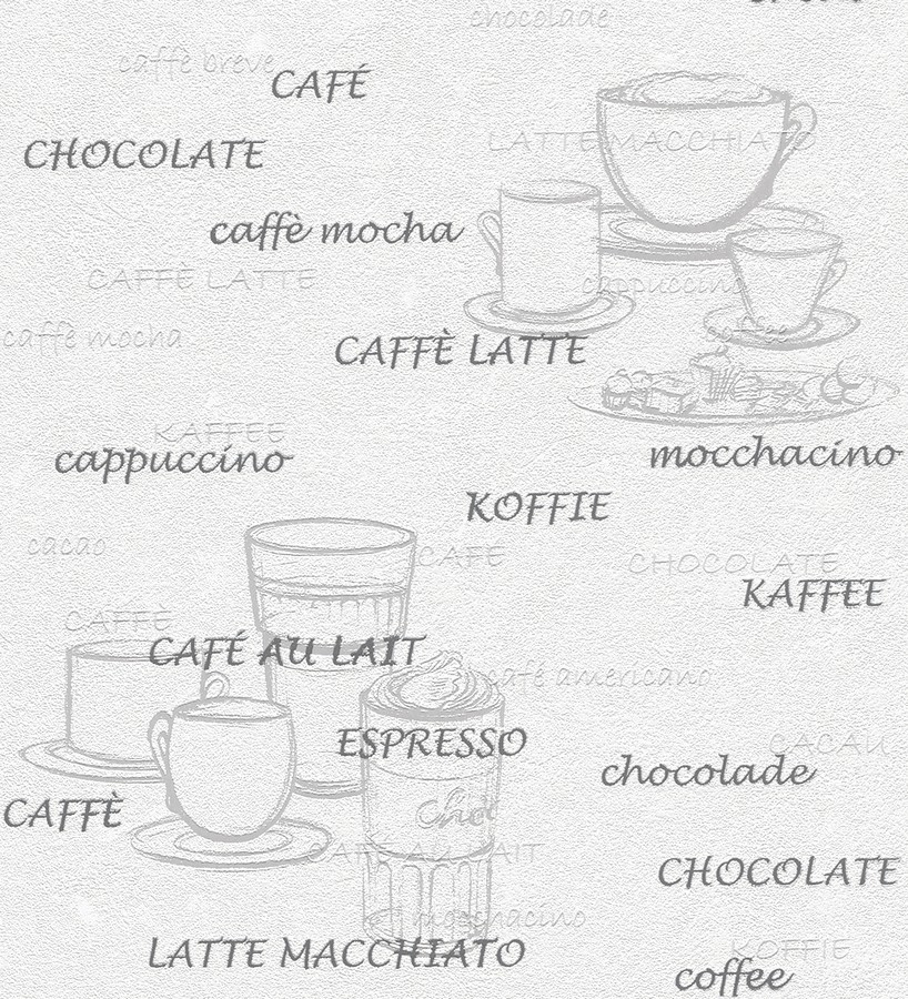 Papel pintado con tazas y tipos de café gris fondo blanco  Italian Coffee 421638