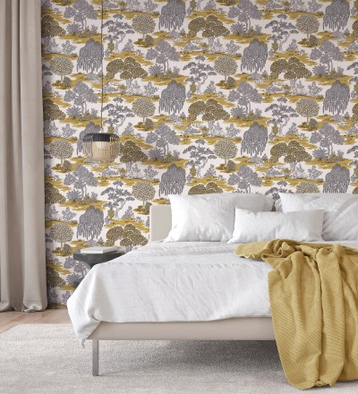 Papel pintado paisaje de árboles con diseño japonés estilo toile de jouy Renoir Symphony 682902