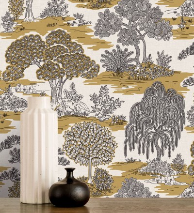 Papel pintado paisaje de árboles con diseño japonés estilo toile de jouy Renoir Symphony 682902
