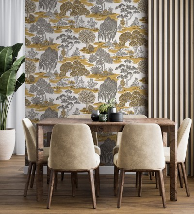 Papel pintado paisaje de árboles con diseño japonés estilo toile de jouy Renoir Symphony 682902