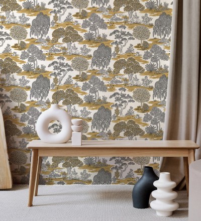 Papel pintado paisaje de árboles con diseño japonés estilo toile de jouy Renoir Symphony 682902