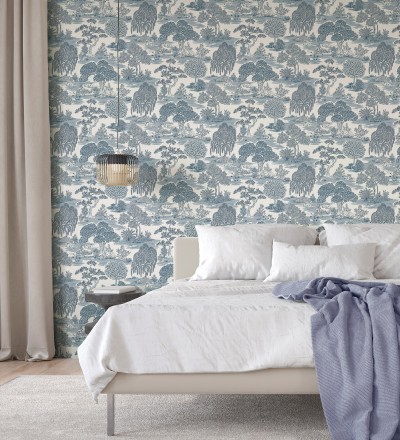 Papel pintado paisaje de árboles con diseño japonés estilo toile de jouy Renoir Symphony 682905