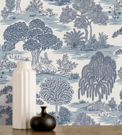 Papel pintado paisaje de árboles con diseño japonés estilo toile de jouy Renoir Symphony 682905