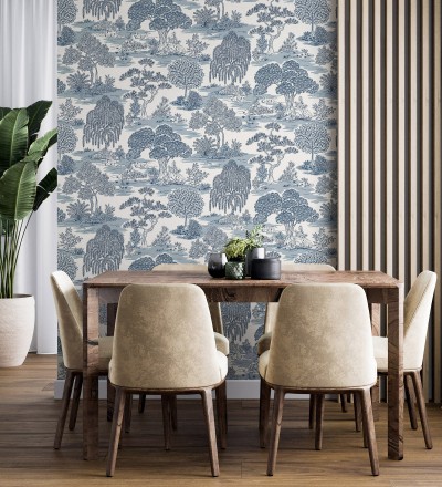 Papel pintado paisaje de árboles con diseño japonés estilo toile de jouy Renoir Symphony 682905