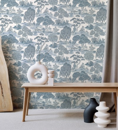 Papel pintado paisaje de árboles con diseño japonés estilo toile de jouy Renoir Symphony 682905