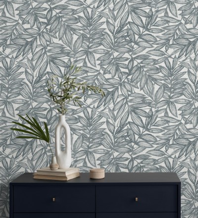 Papel pintado hojas azules impresas en fondo textil Serene Nature 682972