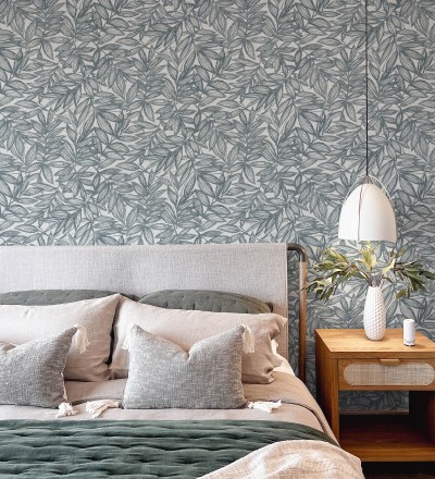 Papel pintado hojas azules impresas en fondo textil Serene Nature 682972