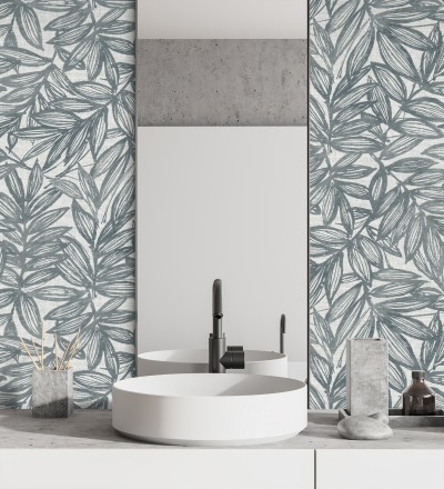 Papel pintado hojas azules impresas en fondo textil Serene Nature 682972