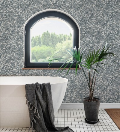 Papel pintado hojas azules impresas en fondo textil Serene Nature 682972