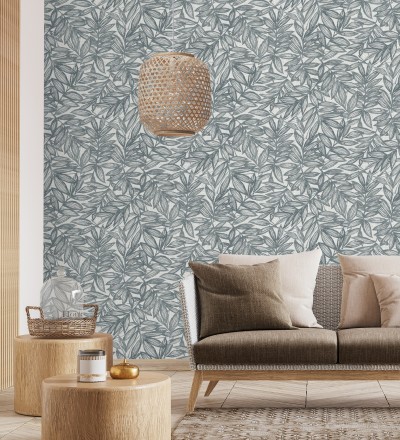 Papel pintado hojas azules impresas en fondo textil Serene Nature 682972