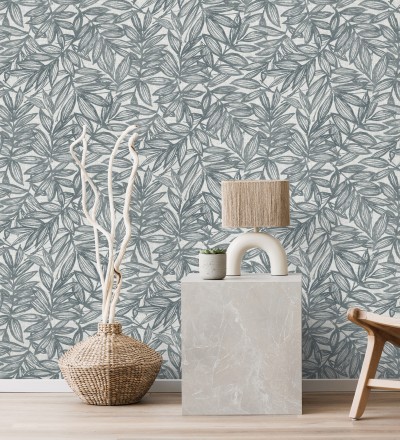 Papel pintado hojas azules impresas en fondo textil Serene Nature 682972