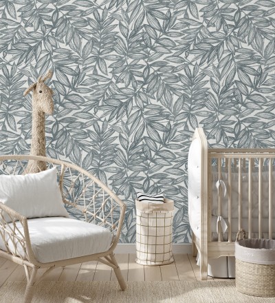 Papel pintado hojas azules impresas en fondo textil Serene Nature 682972