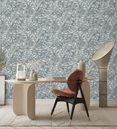 Papel pintado hojas azules impresas en fondo textil Serene Nature 682972
