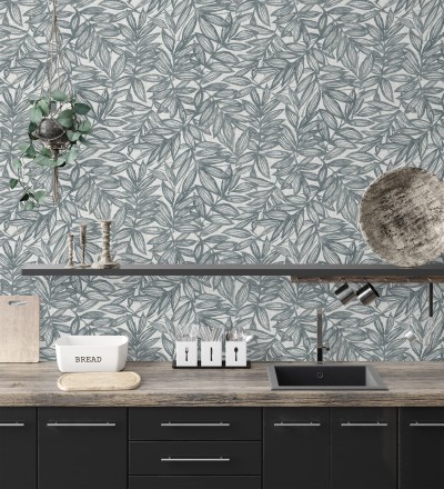 Papel pintado hojas azules impresas en fondo textil Serene Nature 682972