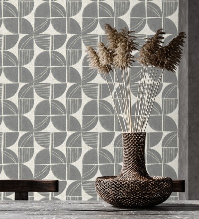 Papel pintado geométrico de inspiración africana gris pizarra Tribal Harmony 683080
