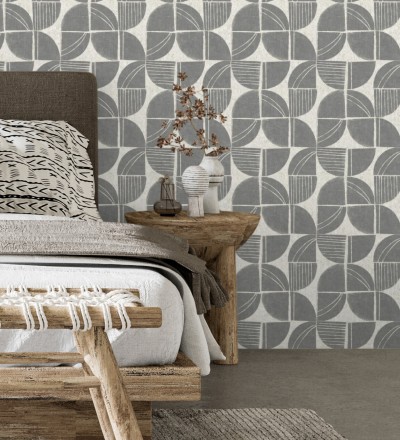 Papel pintado geométrico de inspiración africana gris pizarra Tribal Harmony 683080