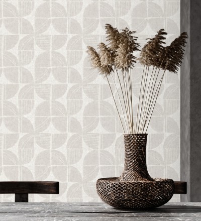 Papel pintado geométrico de inspiración africana beige claro Tribal Harmony 683081
