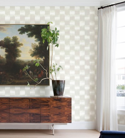 Papel pintado de rayas difuminadas con textura estilo Ikat tonos grises y beige Nebula Glow 683089