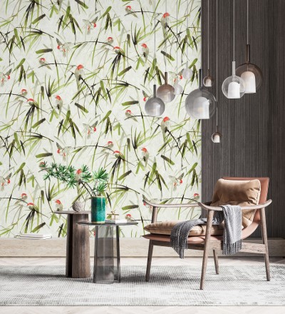 Papel pintado mural de pajaritos y ramas verdes African Oasis 683223