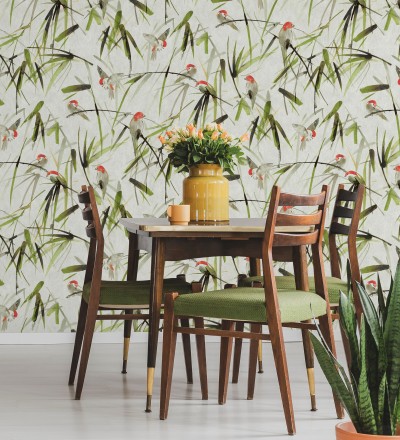 Papel pintado mural de pajaritos y ramas verdes African Oasis 683223