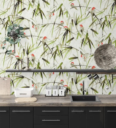 Papel pintado mural de pajaritos y ramas verdes African Oasis 683223