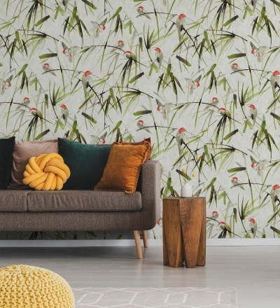 Papel pintado mural de pajaritos y ramas verdes African Oasis 683223
