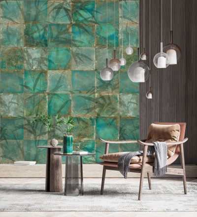 Papel pintado mural de azulejos con detalles de hojas en tonos verdes Exotic Wilderness 683224