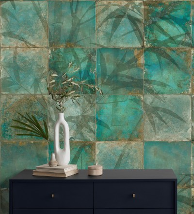 Papel pintado mural de azulejos con detalles de hojas en tonos verdes Exotic Wilderness 683224