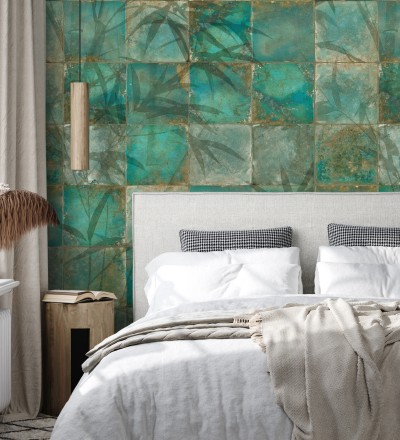 Papel pintado mural de azulejos con detalles de hojas en tonos verdes Exotic Wilderness 683224