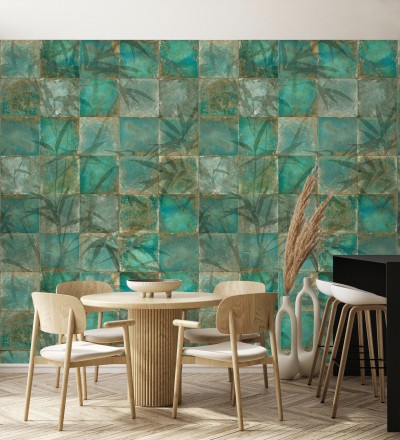 Papel pintado mural de azulejos con detalles de hojas en tonos verdes Exotic Wilderness 683224