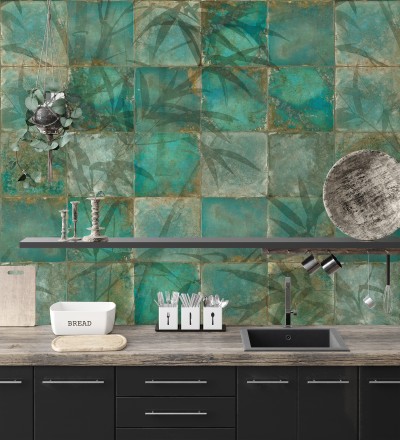 Papel pintado mural de azulejos con detalles de hojas en tonos verdes Exotic Wilderness 683224