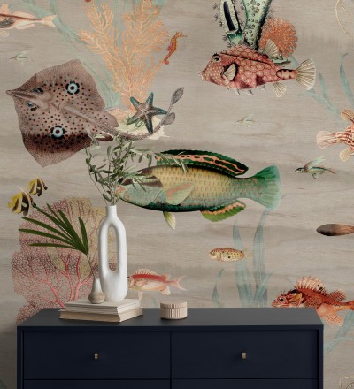 Papel pintado mural del fondo marino con peces y corales fondo beige grisáceo claro African Oasis 683232