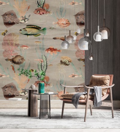 Papel pintado mural del fondo marino con peces y corales fondo beige grisáceo claro African Oasis 683232