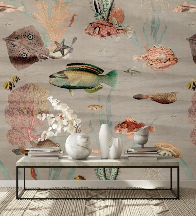 Papel pintado mural del fondo marino con peces y corales fondo beige grisáceo claro African Oasis 683232