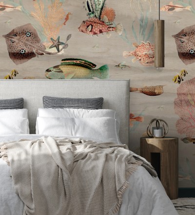 Papel pintado mural del fondo marino con peces y corales fondo beige grisáceo claro African Oasis 683232