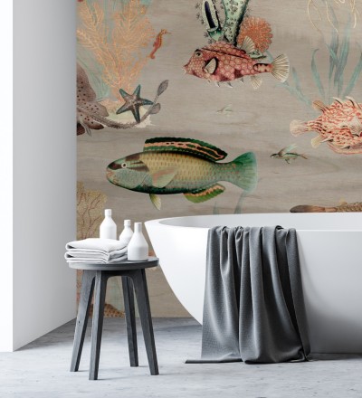 Papel pintado mural del fondo marino con peces y corales fondo beige grisáceo claro African Oasis 683232