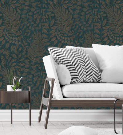 Papel pintado de hojas y helechos en tonos dorados y turquesa Tundra Leaves 683286