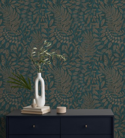 Papel pintado de hojas y helechos en tonos dorados y turquesa Tundra Leaves 683286